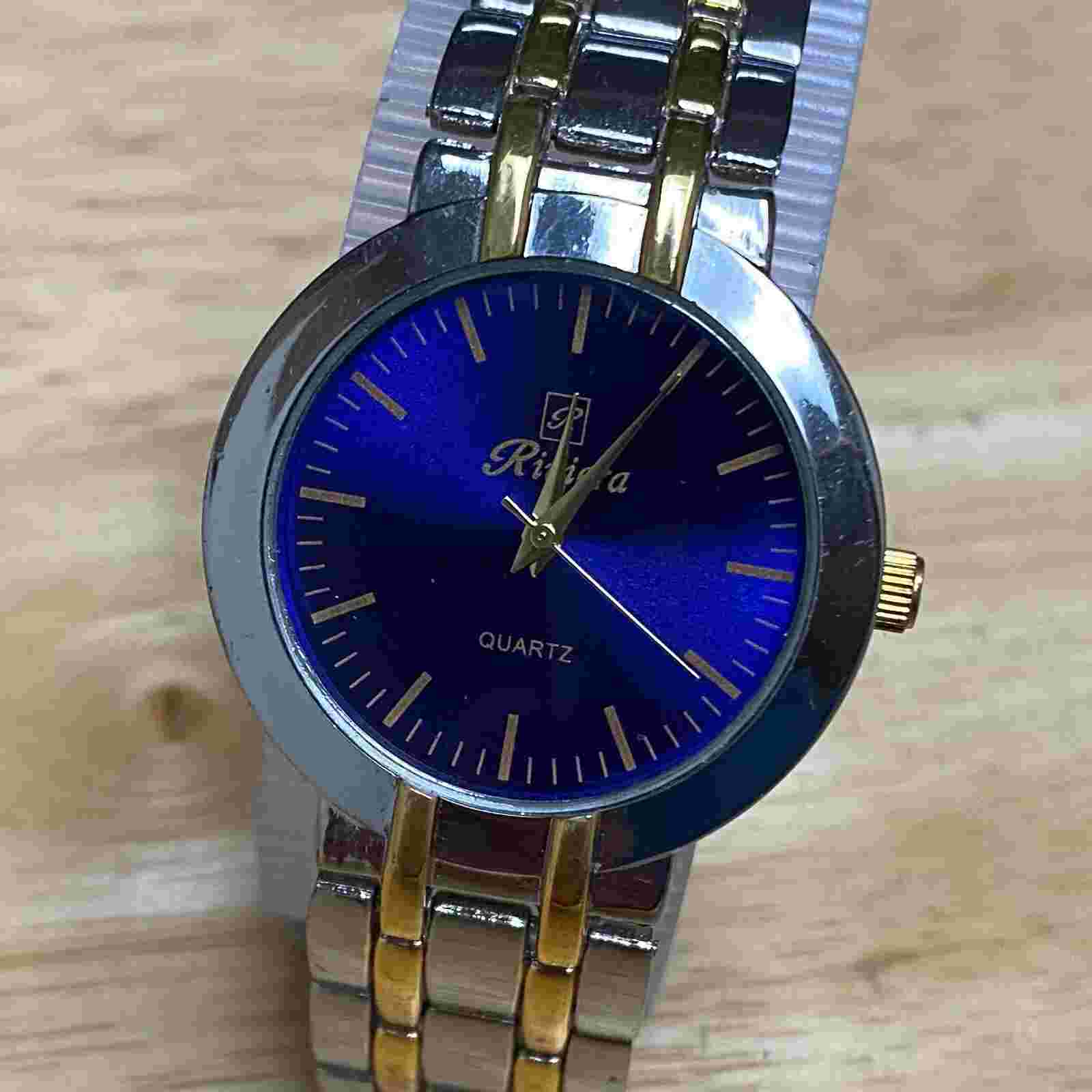 Reviera Men Lady Dual Tone Blue Dial Analog Quartz Watch~New Battery