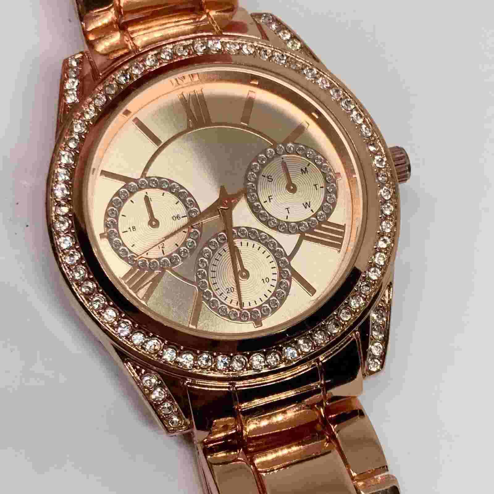 INC men’s rose gold tone wrist watch 40mm case size rhinestones quartz running