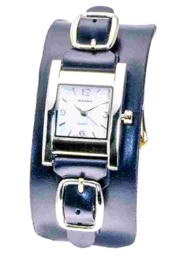 MAGNA:WOMENS' LEATHER BAND SQUARE CASE WHITE FACE ANALOG QUATZ WATCH