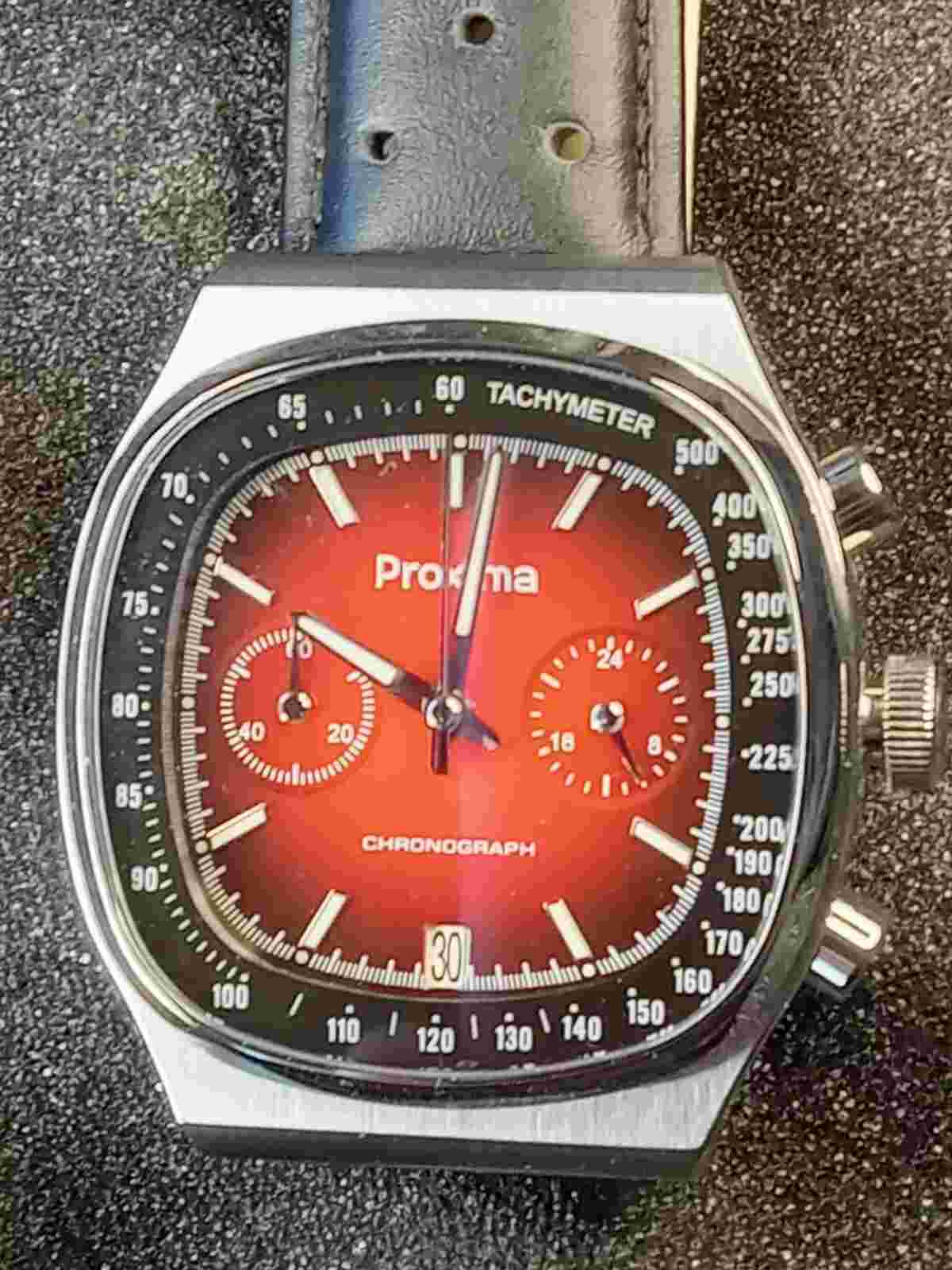 Proxima Men Red Fume Chrono Square Quartz 100M BGW-9 Lume VK64 Watch