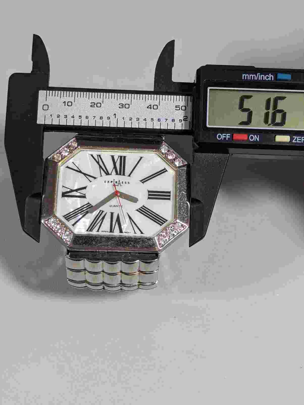 LA Express Pearlized Dial Silver Tone Rectangle Case Stretch Bracelet Band Watch