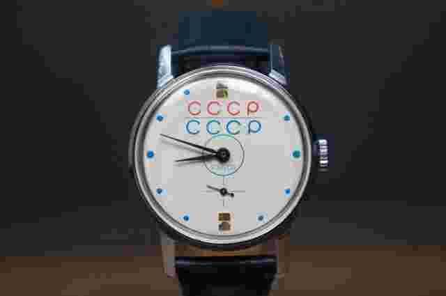 Pobeda watch, men's watch, made USSR , 1980, Vintage soviet watch, white, blue