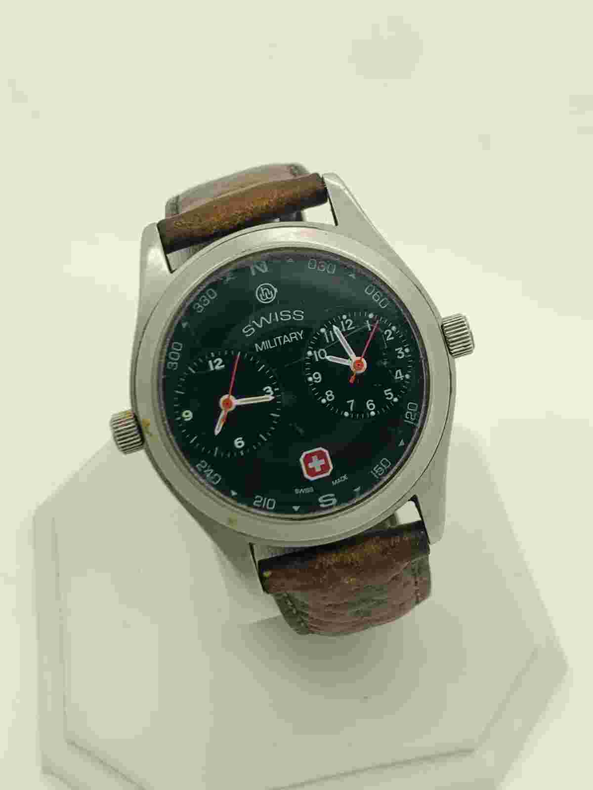 RARE Vintage Swiss Army Military Dual Timer Swiss Leather Quartz Watch 8634 RUNS