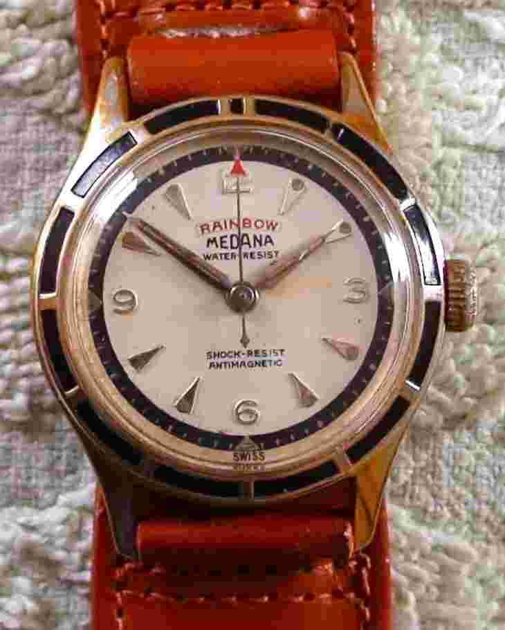 VINTAGE 1950'S MEDANA RAINBOW MENS WATCH 7 JEWELES SERVICED RUNS GREAT VERY GOOD