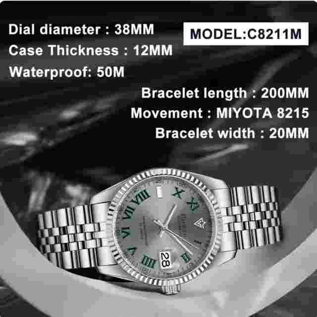 CADISEN Men's Automatic Watch For Men Sapphire Stainless Steel Mens Watch Date