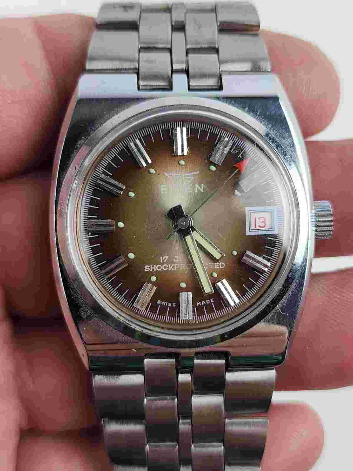 Vintage Eden 17j Swiss Men's Wrist Watch Brown Burst Dial - no running/ winding