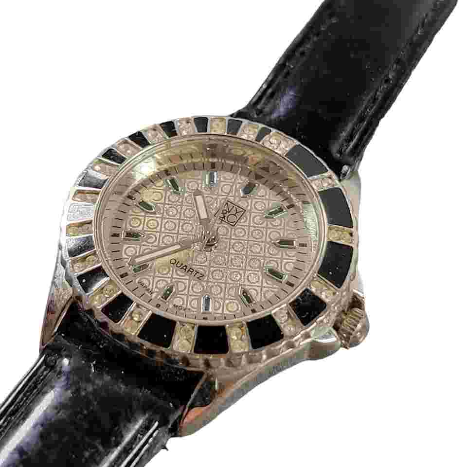 NY & Co Women’s Quartz Watch Stainless Steel Bezel Black Rhinestones Silver