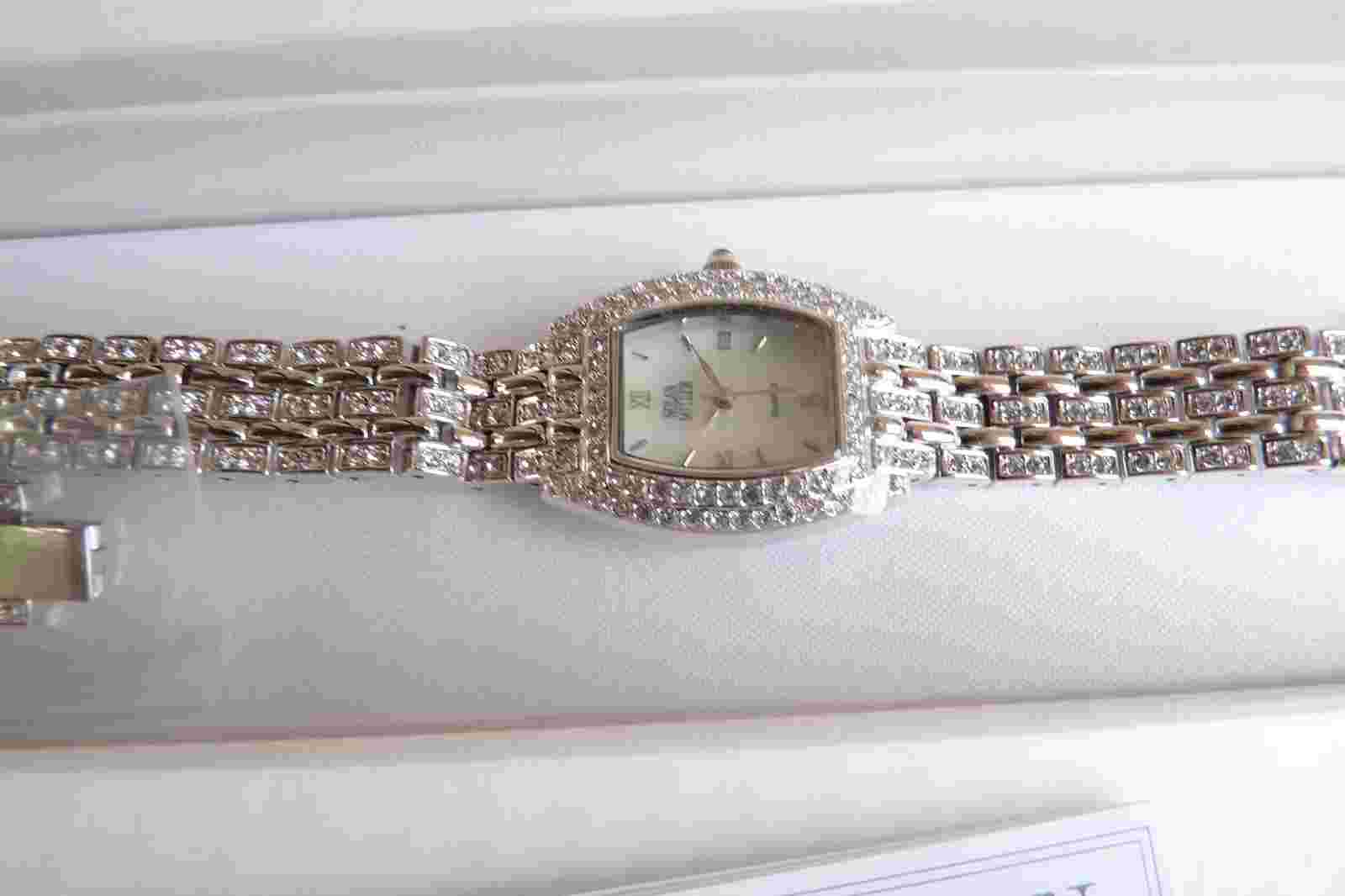 Nolan Miller Glamour Collection Silver Tone Clear Crystal Watch Orig Box NEW
