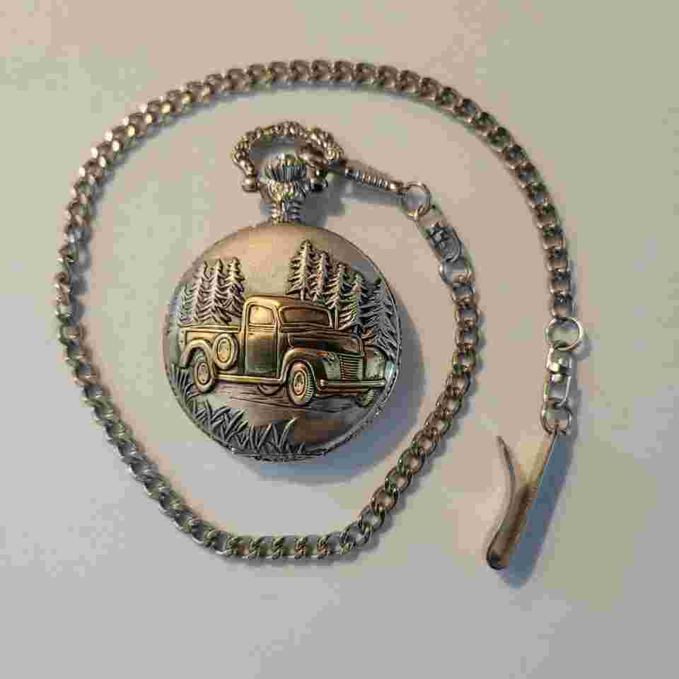 Vintage Milan Old Pickup Truck Pocket Watch w/Chain Two Tone New Battery