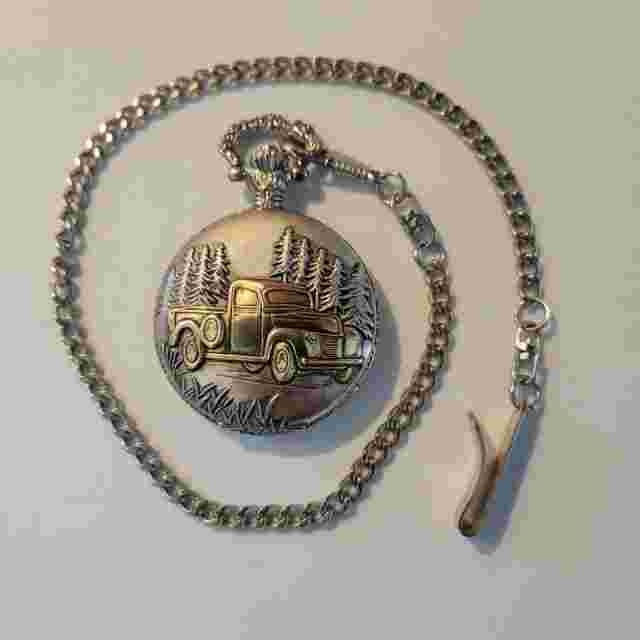 Vintage Milan Old Pickup Truck Pocket Watch w/Chain Two Tone New Battery