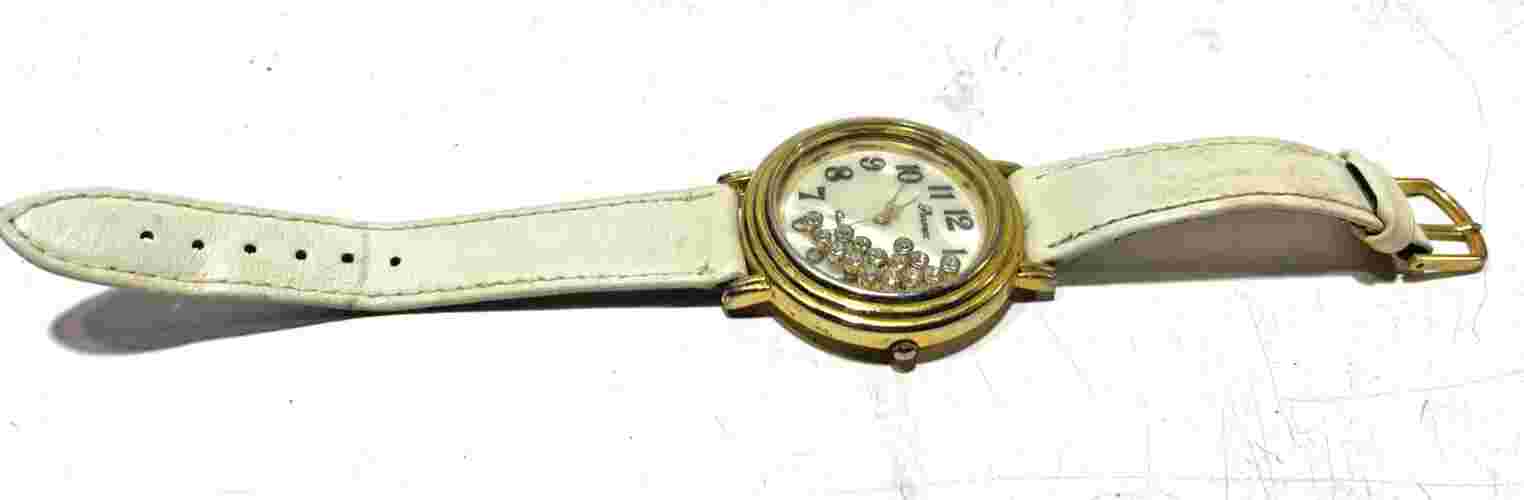 Vintage Ladies Parmex Watch White Band W/ Decorative Inside Dial Gems