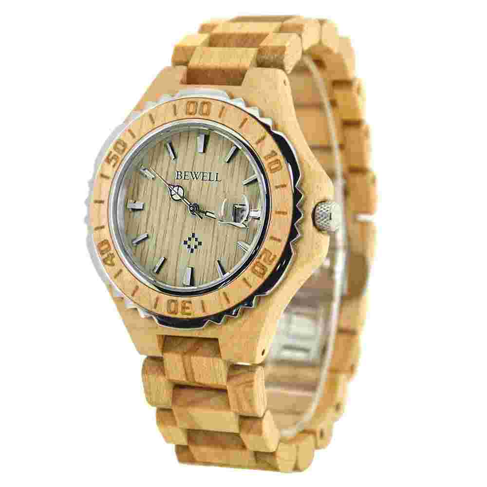 Bewell Men's Natural Wood Watch 49MM Wooden Case 30M WR Japan MOV Date Indicator