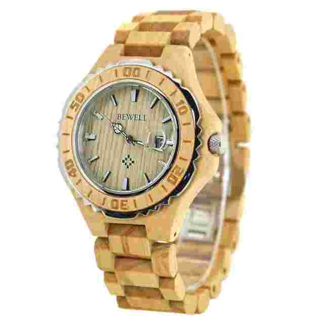 Bewell Men's Natural Wood Watch 49MM Wooden Case 30M WR Japan MOV Date Indicator