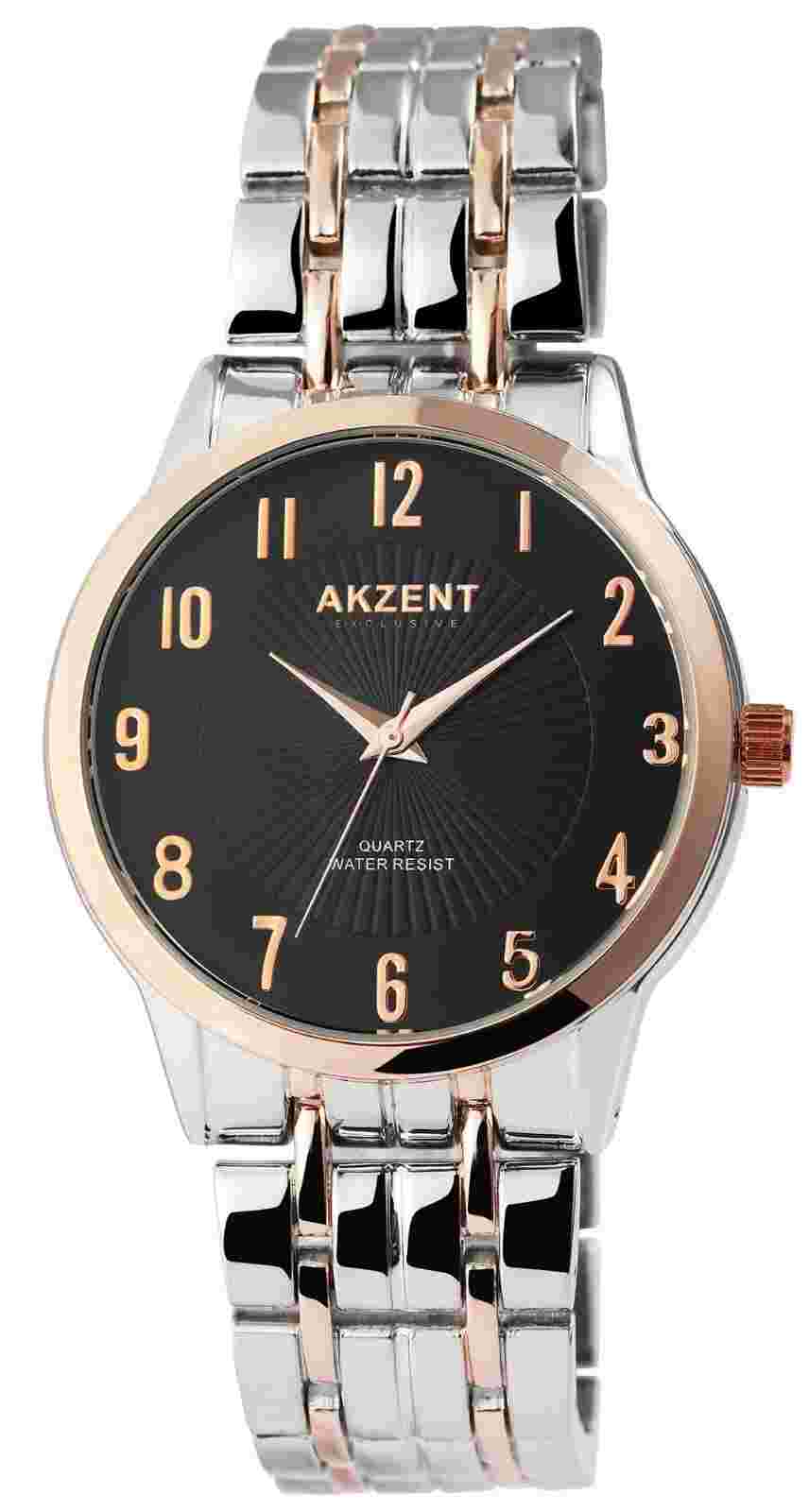 Elegant Accent Men's Watch Black Silver Rose Gold Analogue Metal Strap