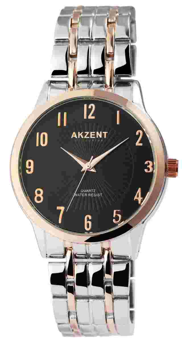 Elegant Accent Men's Watch Black Silver Rose Gold Analogue Metal Strap