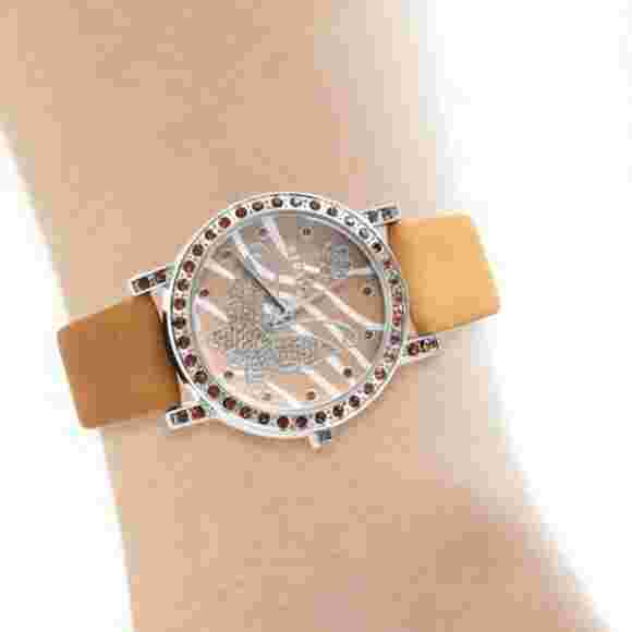 STRADA Watch Women's Austrian Crystal Camel Faux Leather Band Original Box