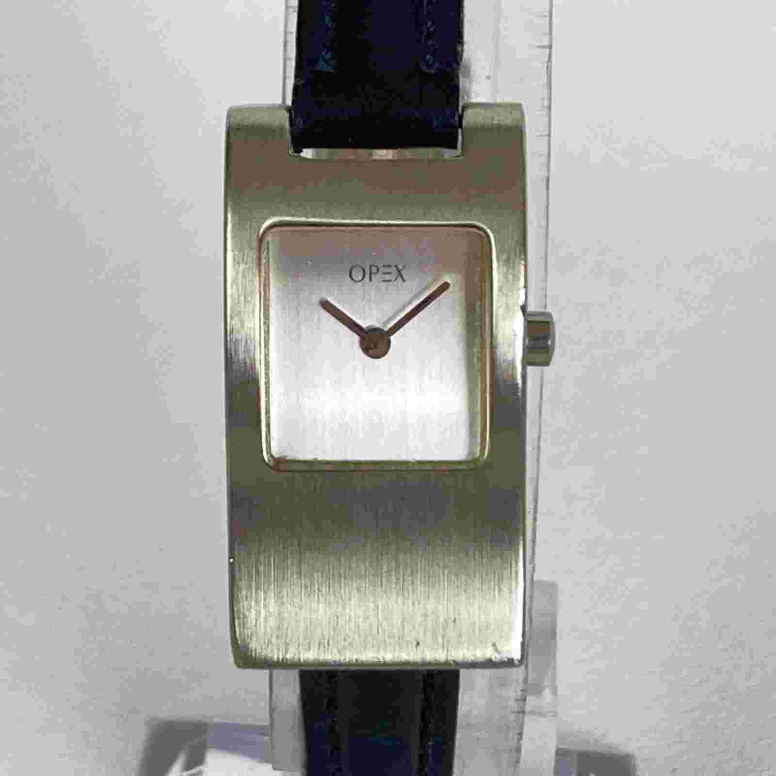 Opex Watch Women 16mm Silver Tone Black Leather Band WR 30M New Battery 7.5"