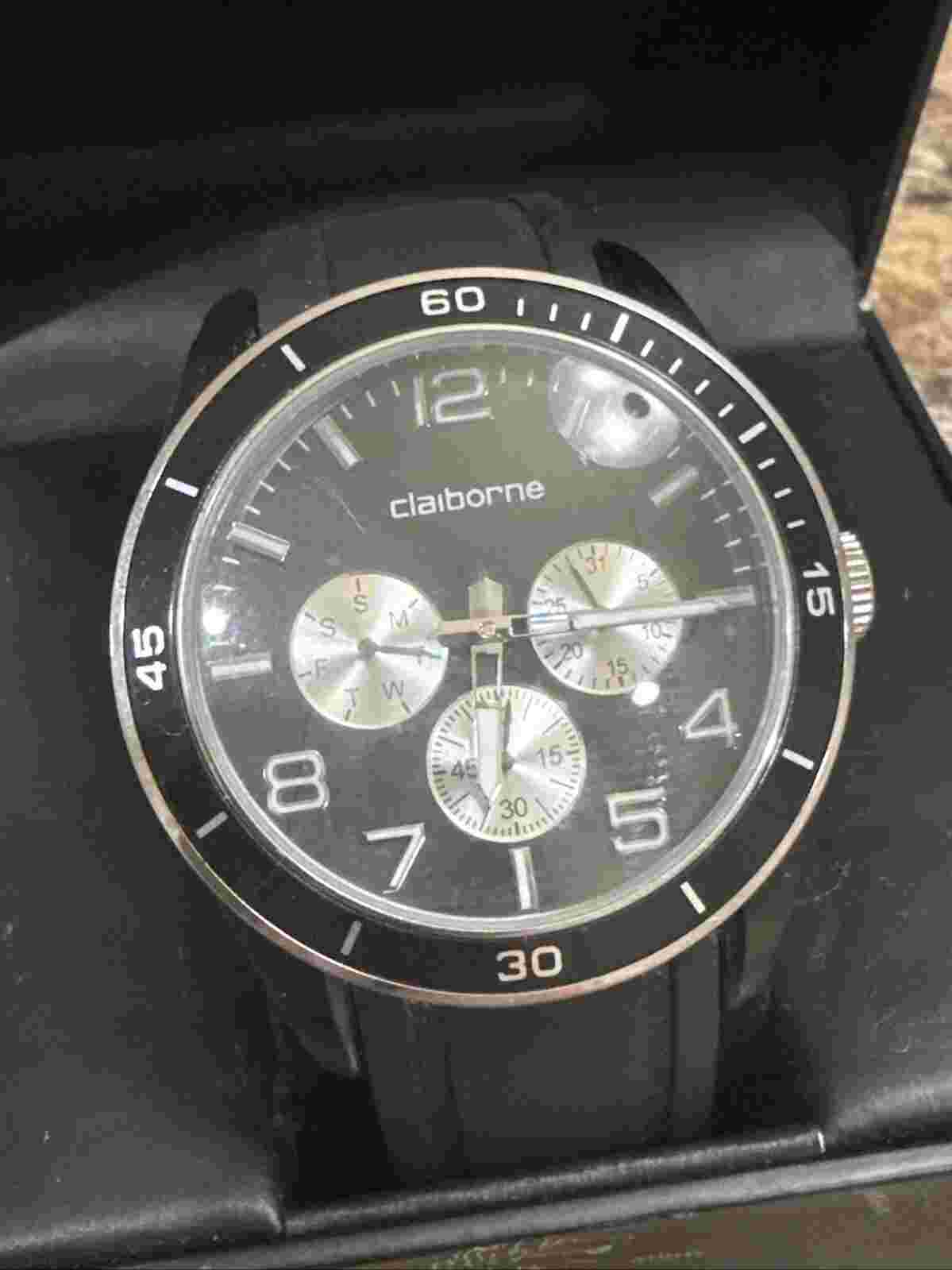 CLAIBORNE BLACK RUBBER MULTI FUNCTION DATE MEN WATCH CLM1008 NOB