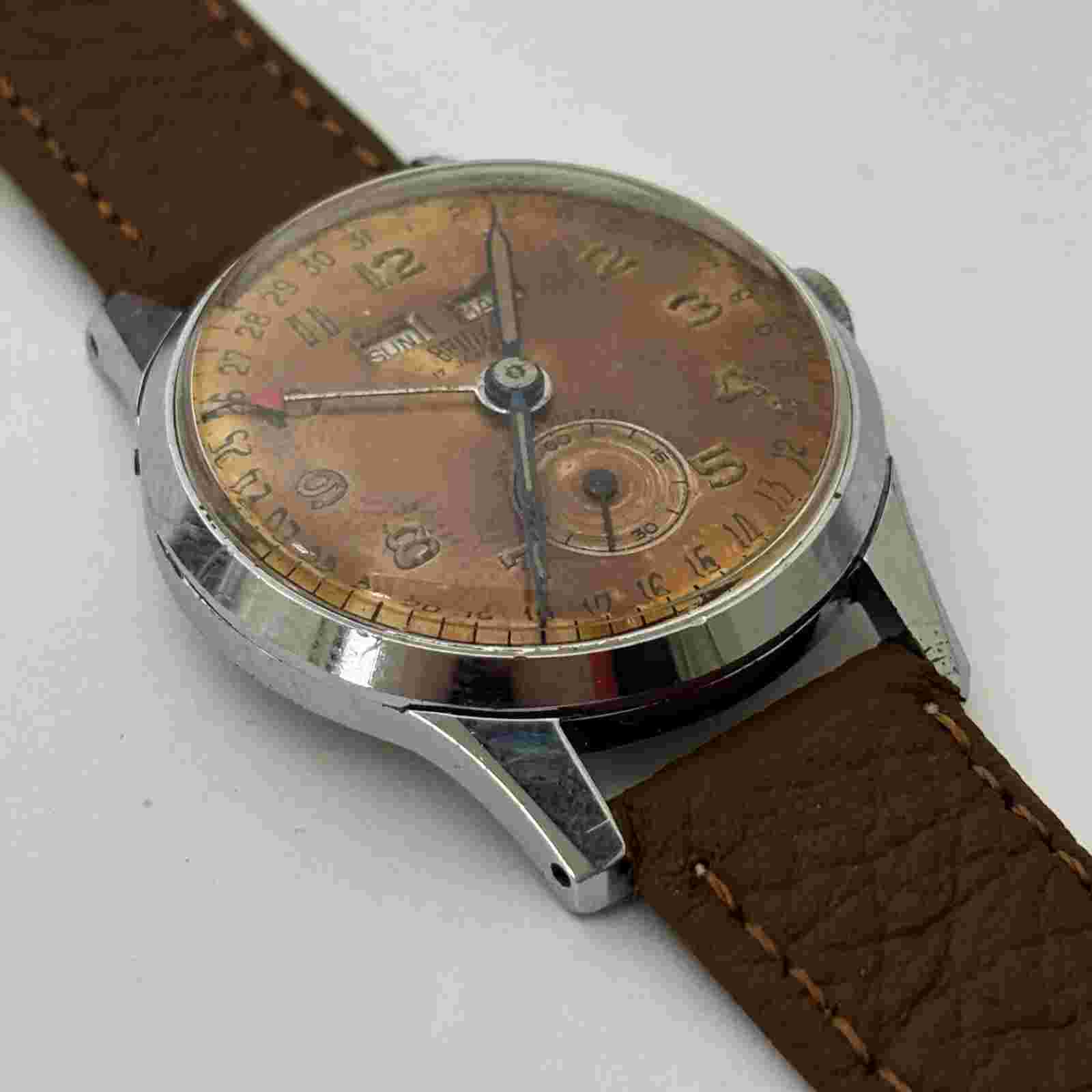 Vintage 31mm Britix Triple Calendar Men’s Mechanical Wristwatch Orange Dial