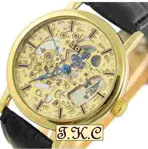 Gold pl Mechanical Windup Skeleton Steampunk Black Leather Unisex Heirloom Watch