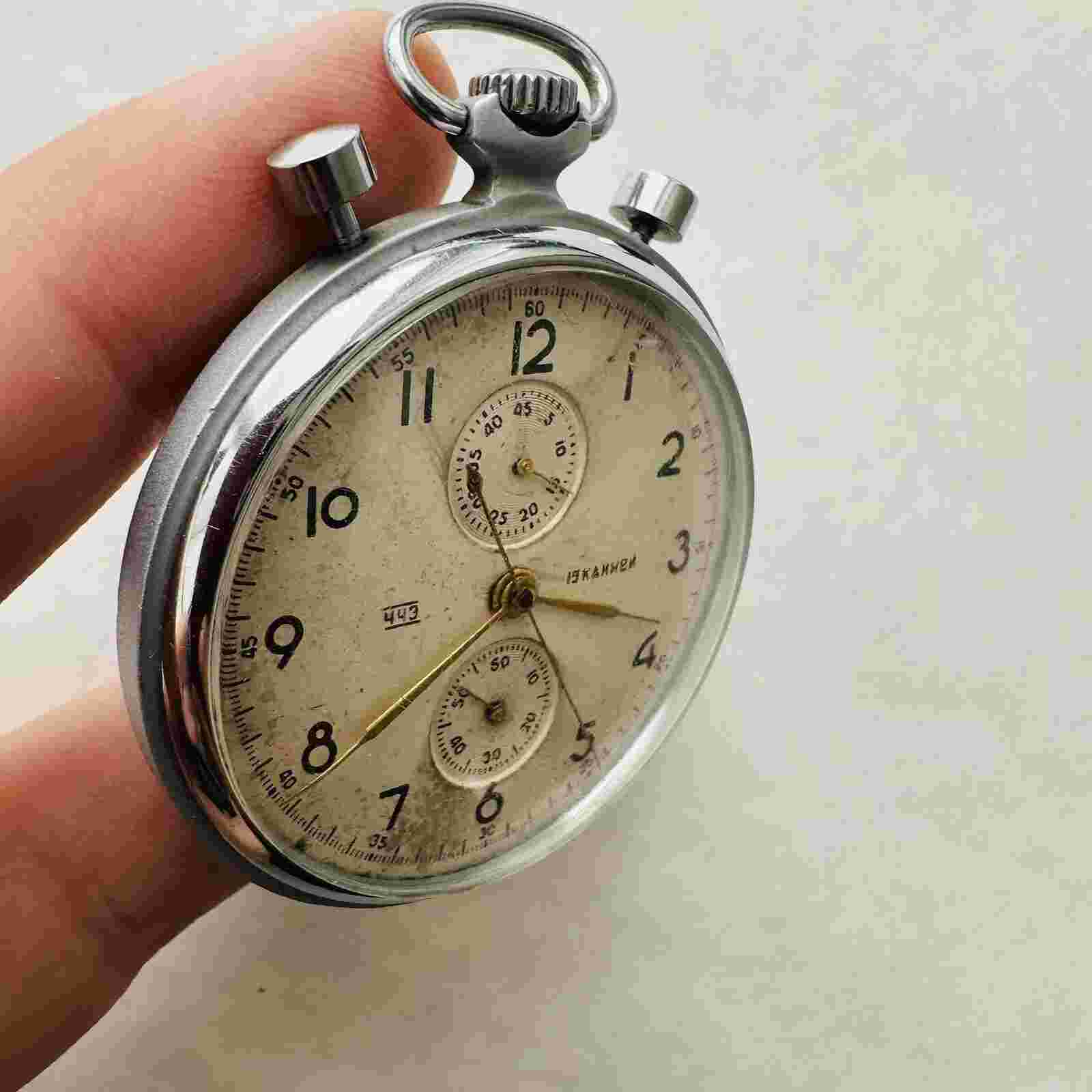RARE Military Pocket Watch ChChZ Molnija 3017 Chronograph USSR Soviet Vtg Strela