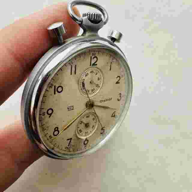 RARE Military Pocket Watch ChChZ Molnija 3017 Chronograph USSR Soviet Vtg Strela