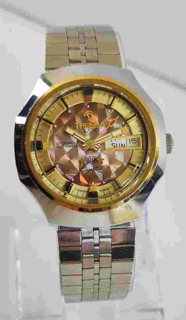 Tressa Lux Crystal Automatic Watch Swiss 1970s Vintage NOS Cal AS 5206 Retro