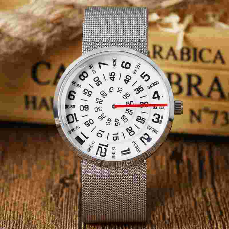Mens Watch Turntable Dial Quartz Unique Wristwatches Stainless Steel Strap