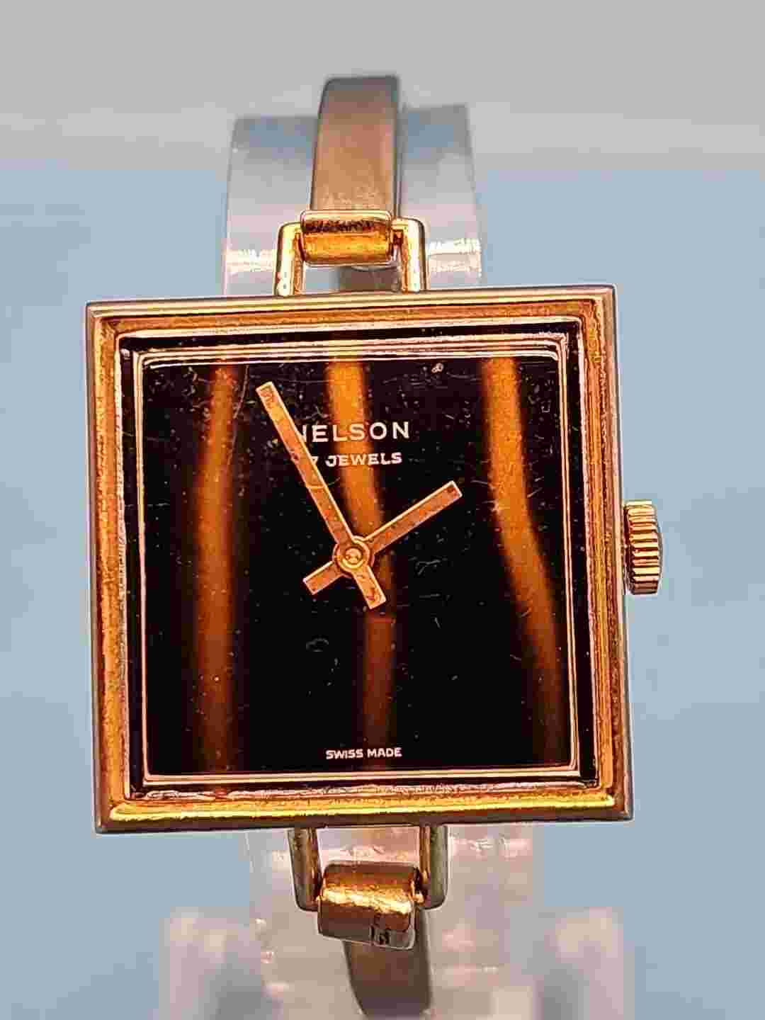 Vintage Swiss Made Nelson 17 Jewels Tiger Stripe Ladies Bracelet Bangle Watch
