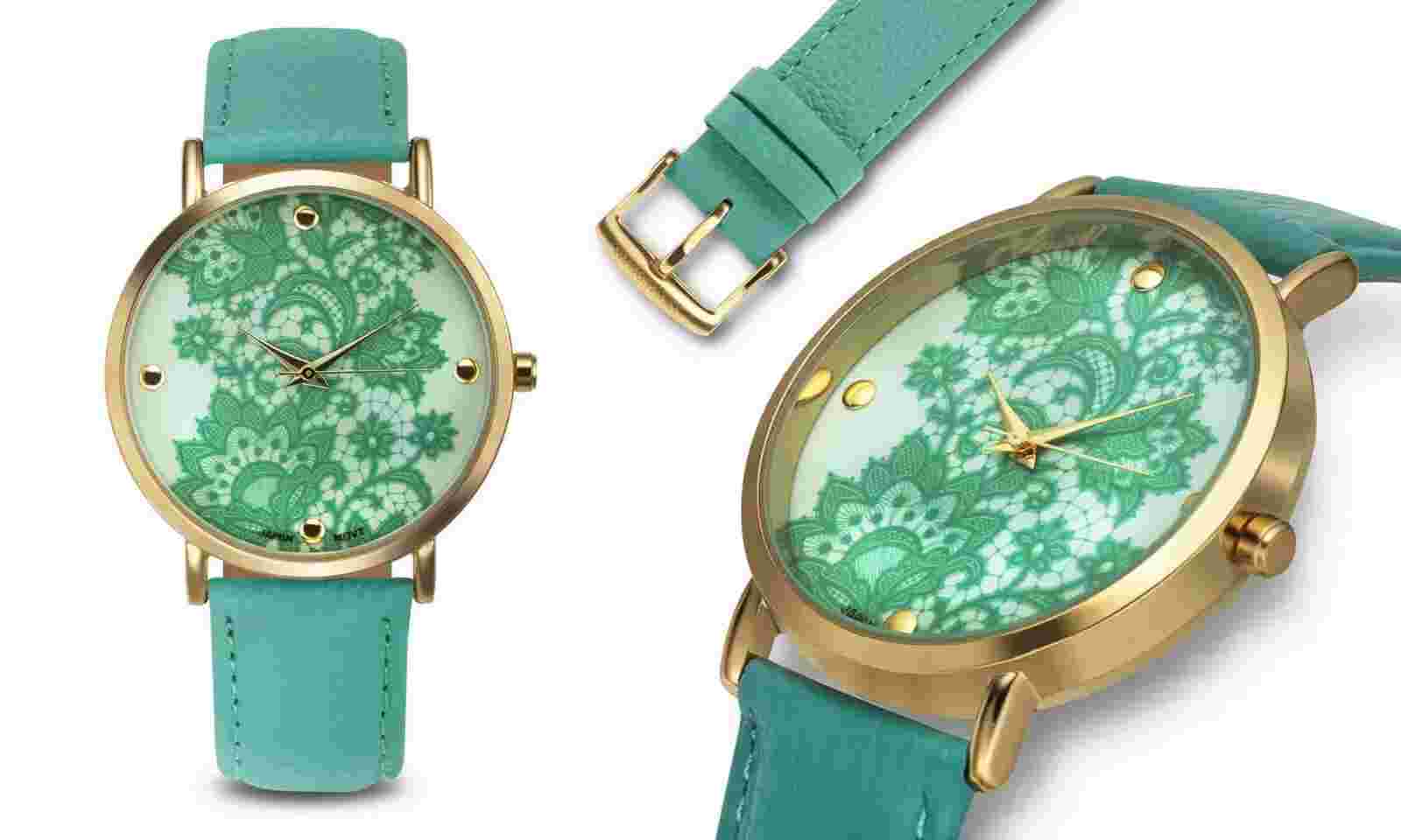 NEW Rousseau 9912 Women's Lace Collection Gold IP Case Turquoise Leather Watch