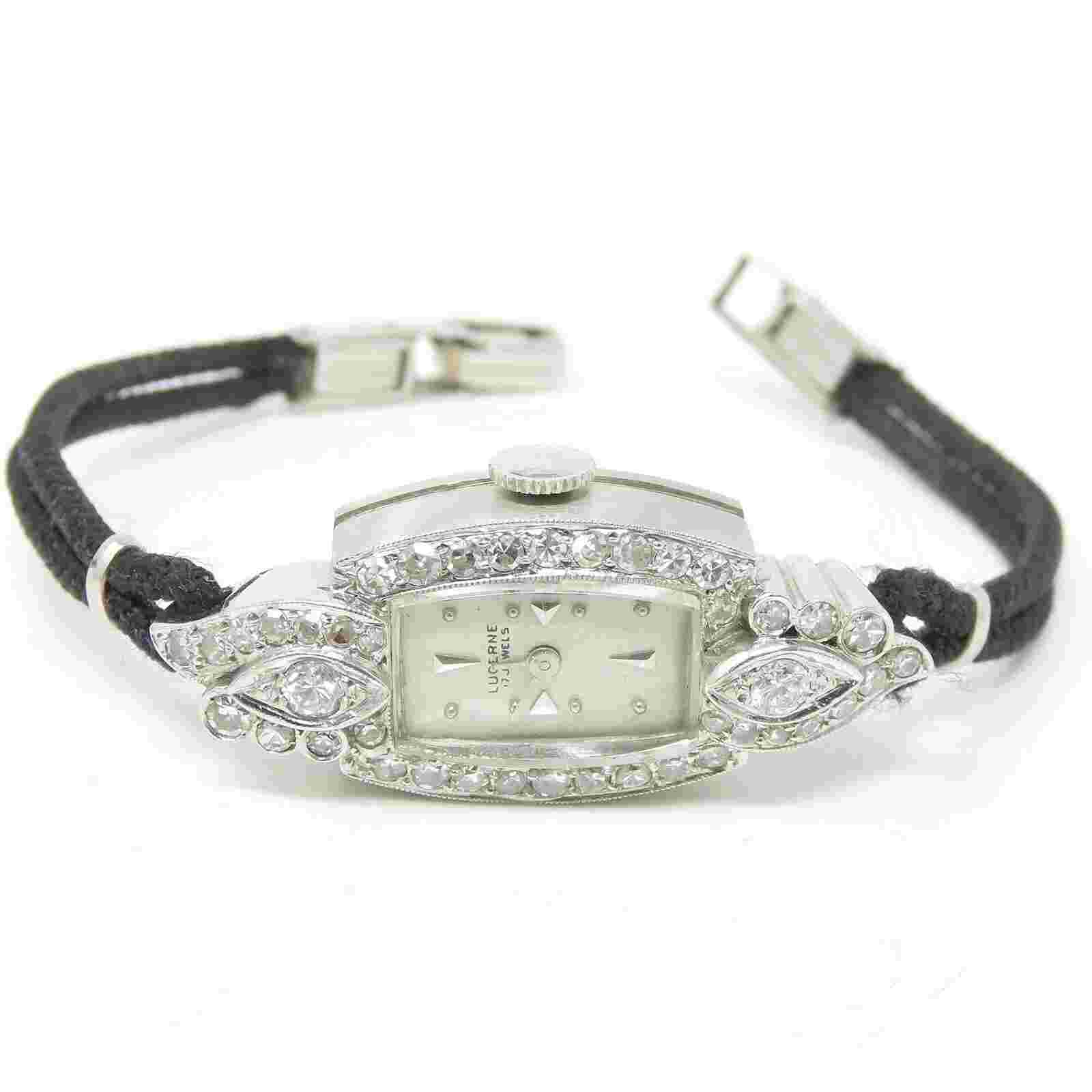 NYJEWEL Antique Lucerne 14k White Gold 1.5ct Diamond Wind Up Watch Runs