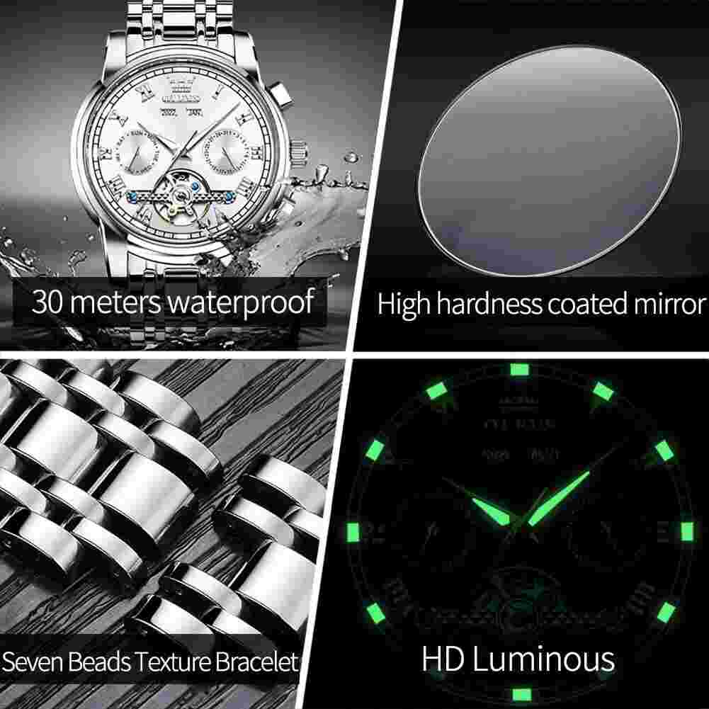 OLEVS Analog Watch For Men Automatic Silver Self Winding Mechanical Luxury Busin