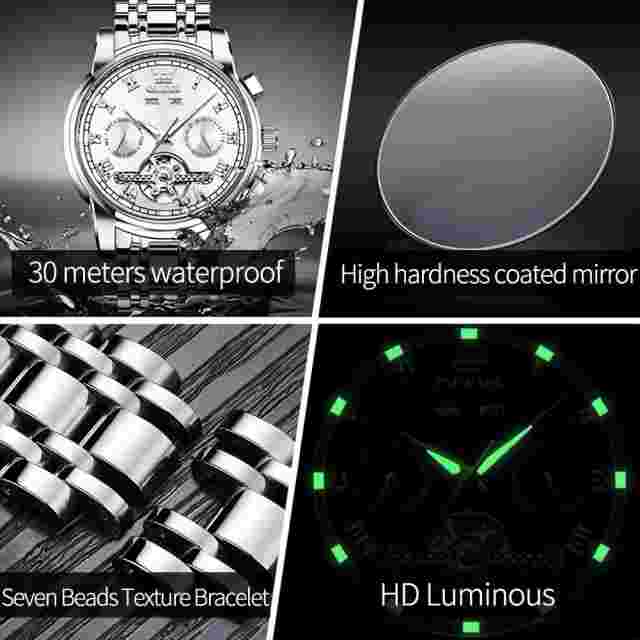 OLEVS Analog Watch For Men Automatic Silver Self Winding Mechanical Luxury Busin