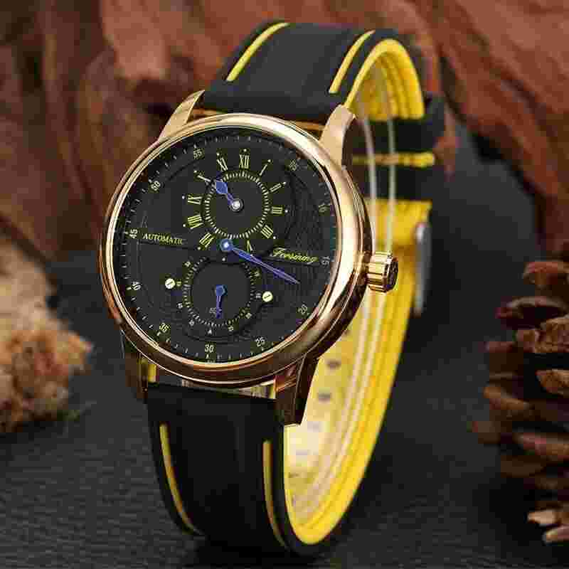 Men Forsining Watch Skeleton Automatic Mechanical Wristwatch Sport Rubber Strap