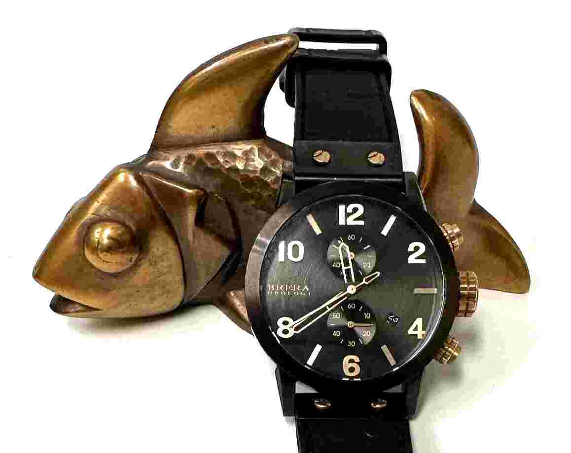 BRERA OROLOGI MENS 42MM BK STAINLESS CHRONO,DAY, NOTTE WATCH BK/GD ACO4 RET $999