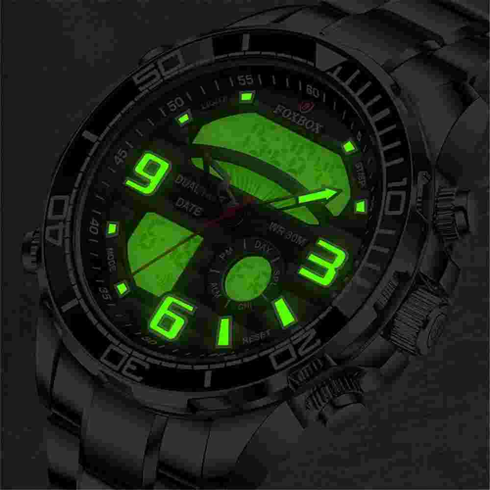 FOXBOX Men Watches Steel Wristwatch Big Case Business Male Digital Quartz Watch
