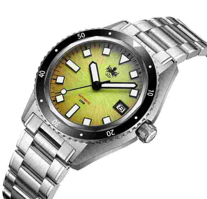 SALE !!! PHOIBOS Argo 200M Automatic Diver Watch Spiral Sunray Yellow PY052F