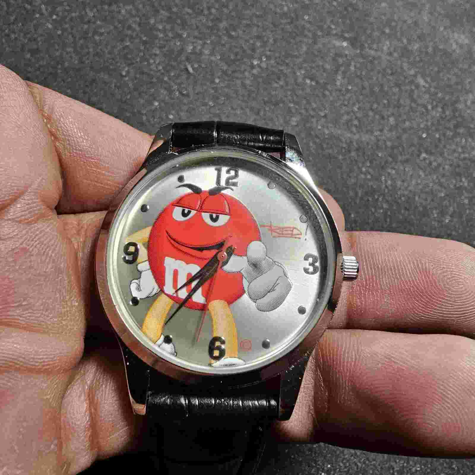 M&Ms Red 2008 Quartz Analog Unisex Watch Silver Tone Black Strap Working