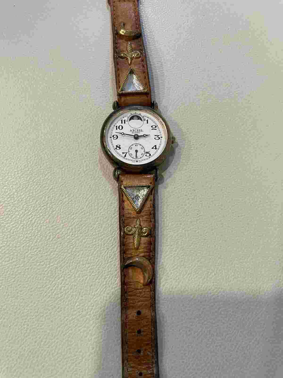 Very Rare Axcess Moon Phase Watch, Vintage,Leather W/Studs On Band