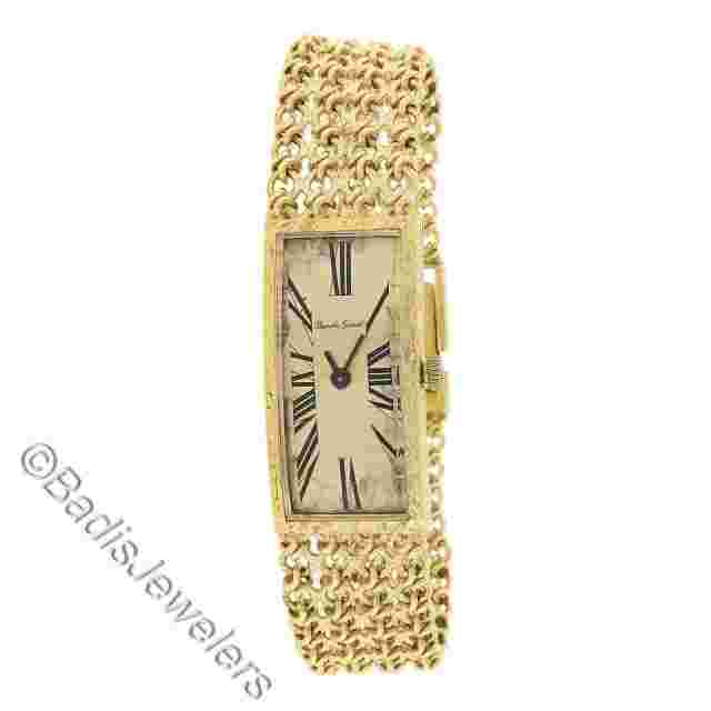 Vintage Bueche Girod Caliber 67 Rectangular Curved 18k Gold Wrist Watch Bracelet