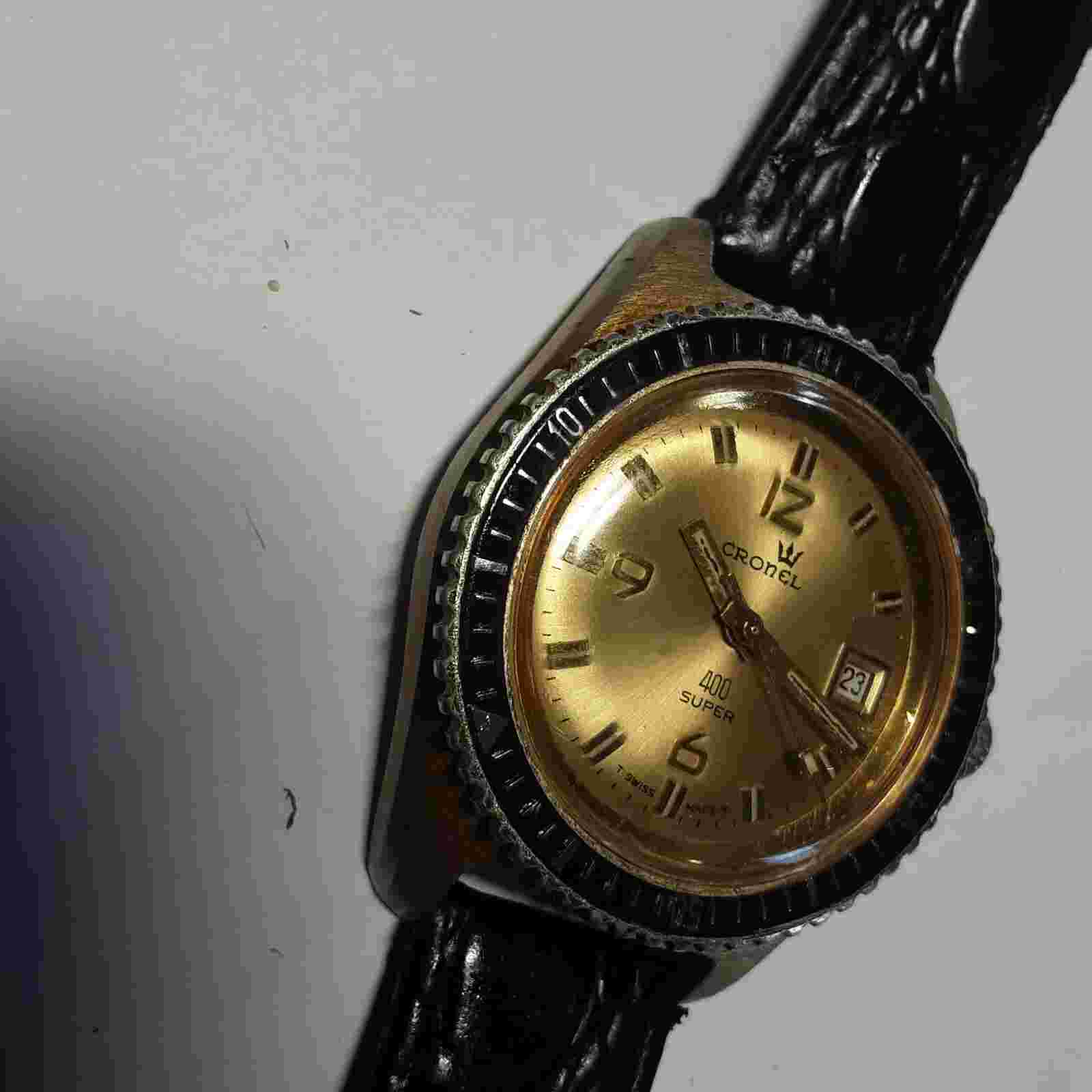 Vintage "Cronel 400 Super"  Men's Watch, Gold Dial Rotatable Bezel Mechanical