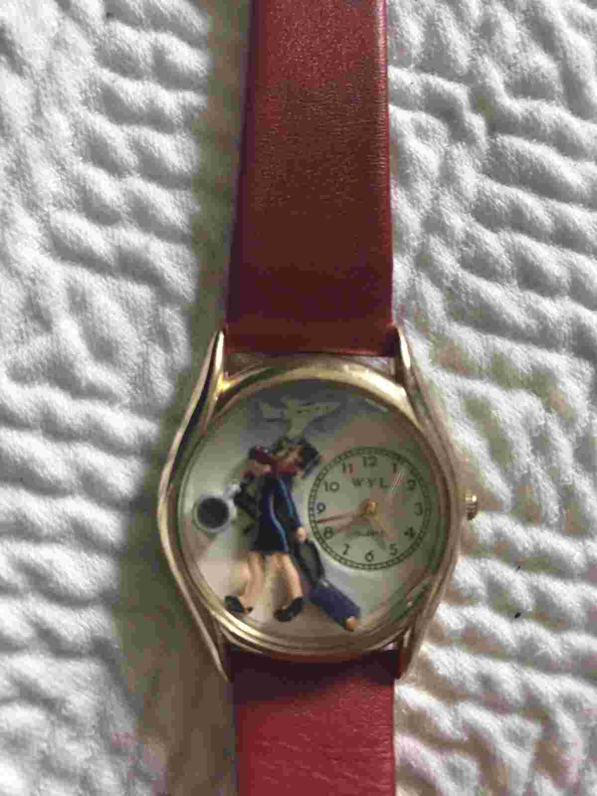 Women’s flight attendant watch red leather band stainless steel back