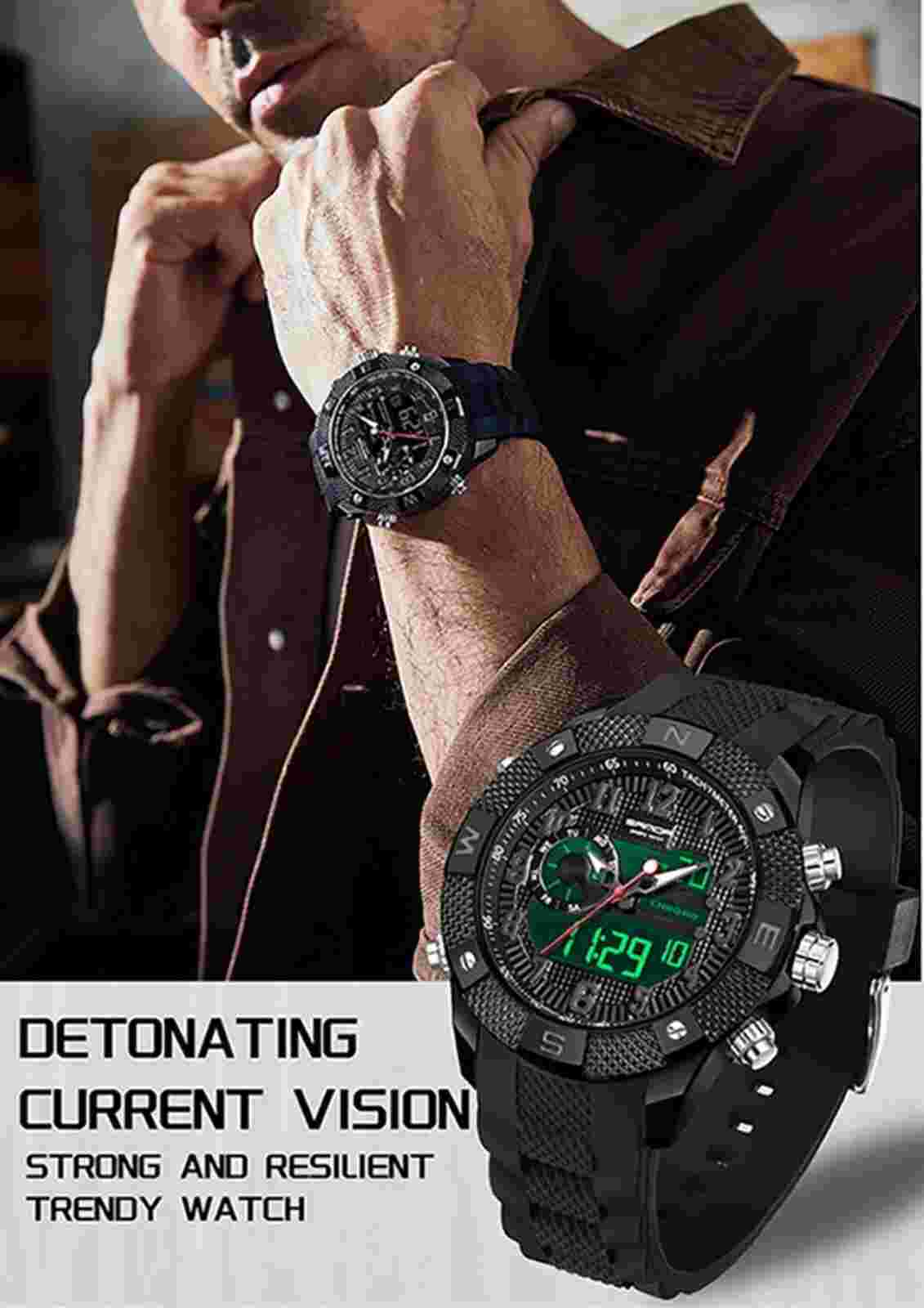 SANDA Black Top Men Watch LED Digital Stainless Steel Military Sport Waterproof