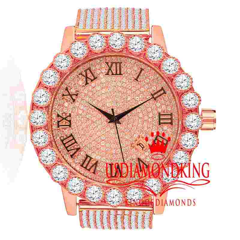Roman Face Mens Rose Gold Tone Watch Solitaire Custom Simulated Diamond