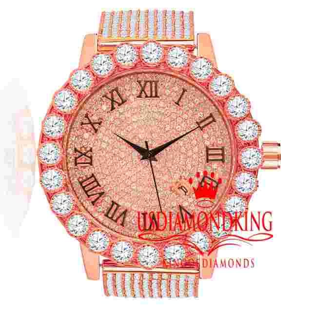 Roman Face Mens Rose Gold Tone Watch Solitaire Custom Simulated Diamond