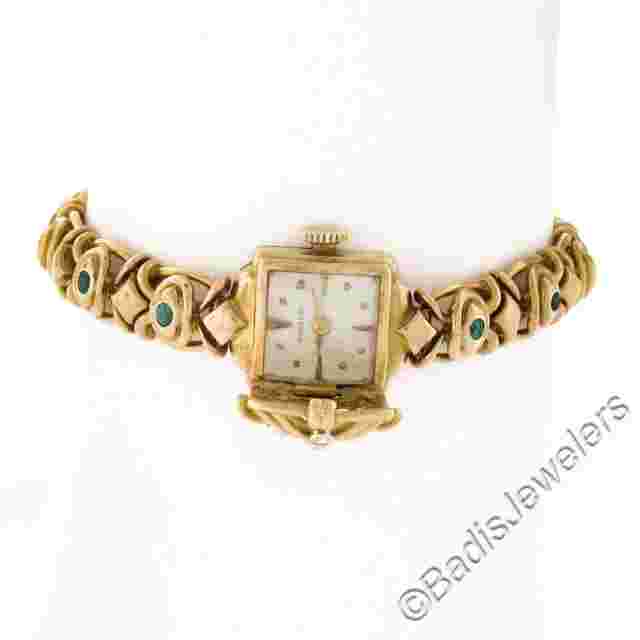 Vintage Gubelin 14mm Watch 18k Yellow Gold Diamond & Emerald Link Bracelet