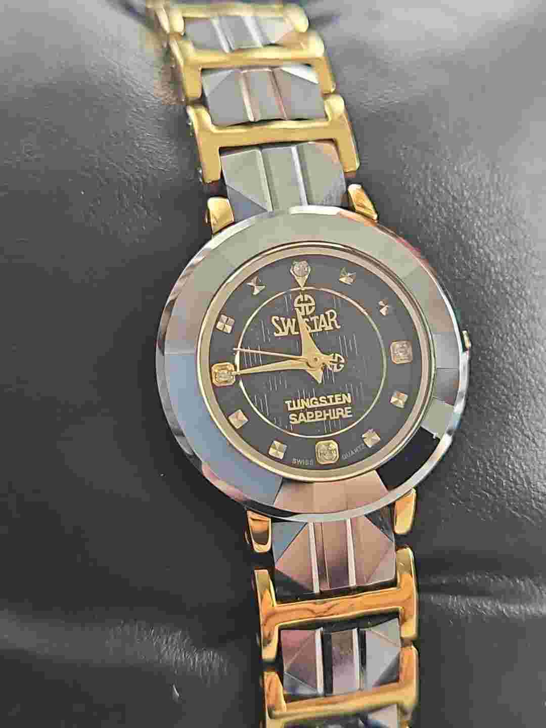 RARE 23 Ct Gold Swistar Watch Tungsten Case And Bracelet Sapphire With Diamonds