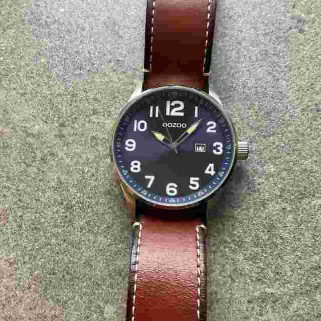 OOZOO Mens Watch 48mm Stainless Steel Case Dark Blue Dial Leather Band A15