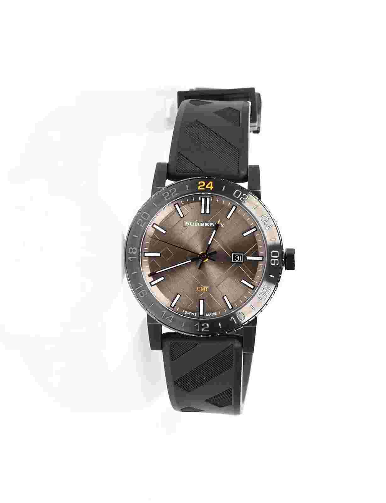 Burberry 289488 The City Gmt Check Black Silicone Strap Watch Bu9341