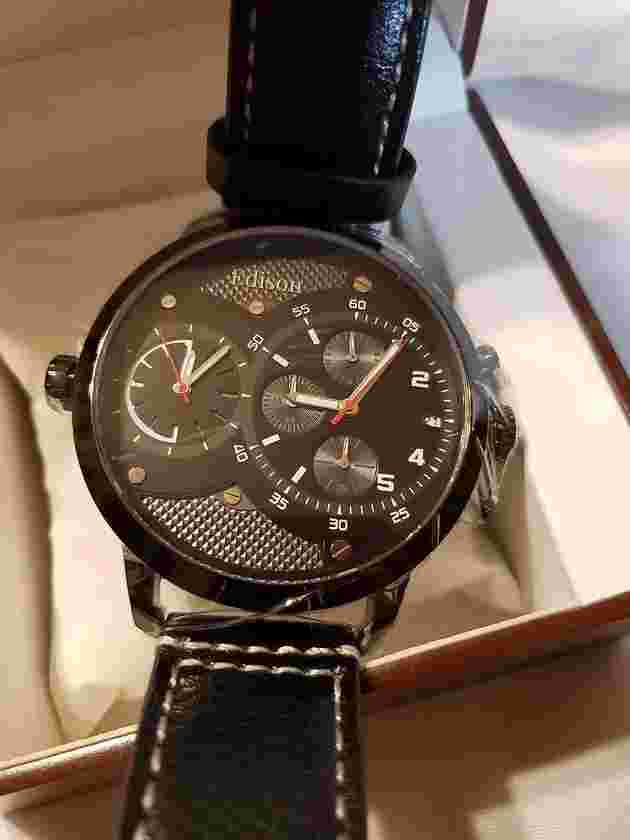 Edison 2 Dial Watch is Sterling Silver with a larger watch face in black